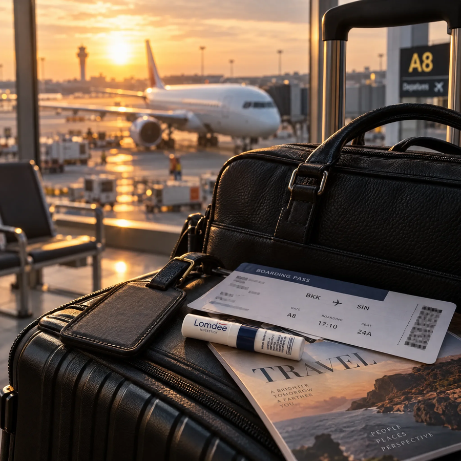 Koffer und Bordkarte am Flughafen-Gate im Abendlicht, dazwischen der Lomdee Nosestick