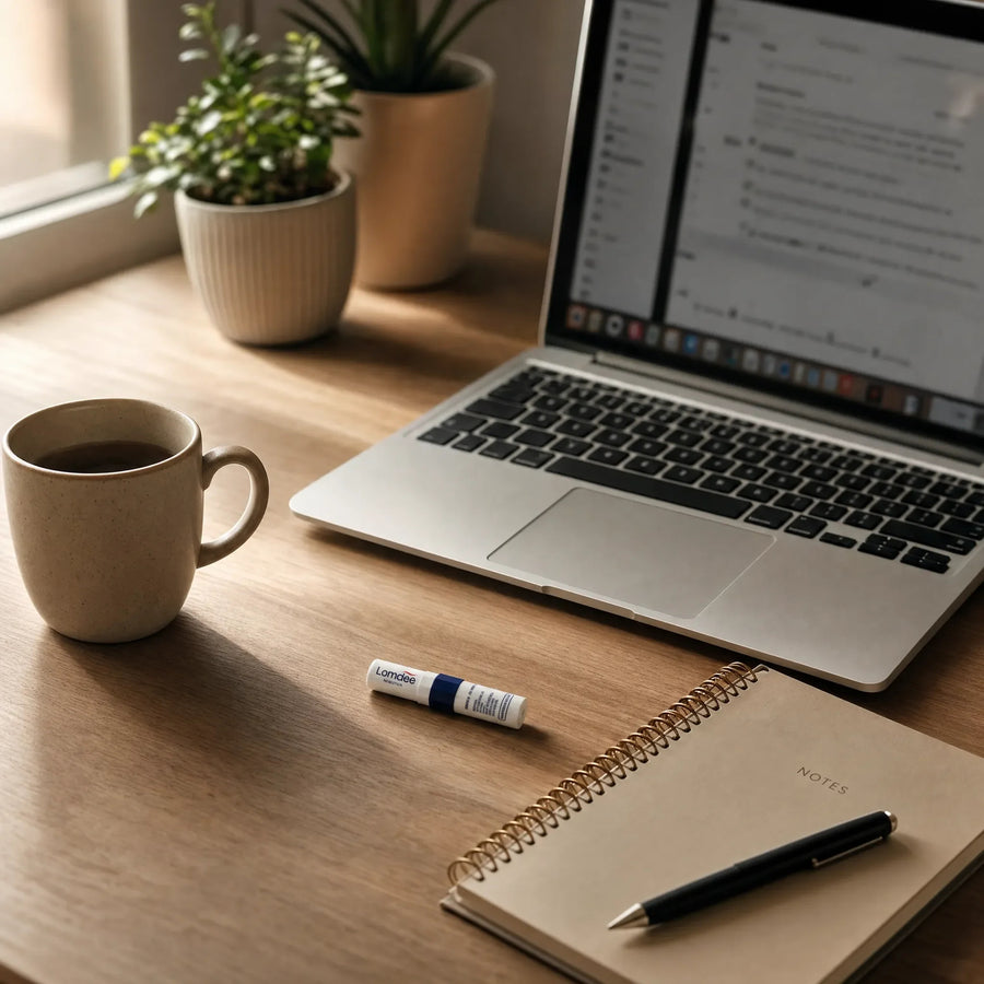 Schreibtisch mit Laptop, Kaffeetasse und Notizbuch am Fenster, daneben der Lomdee Nosestick