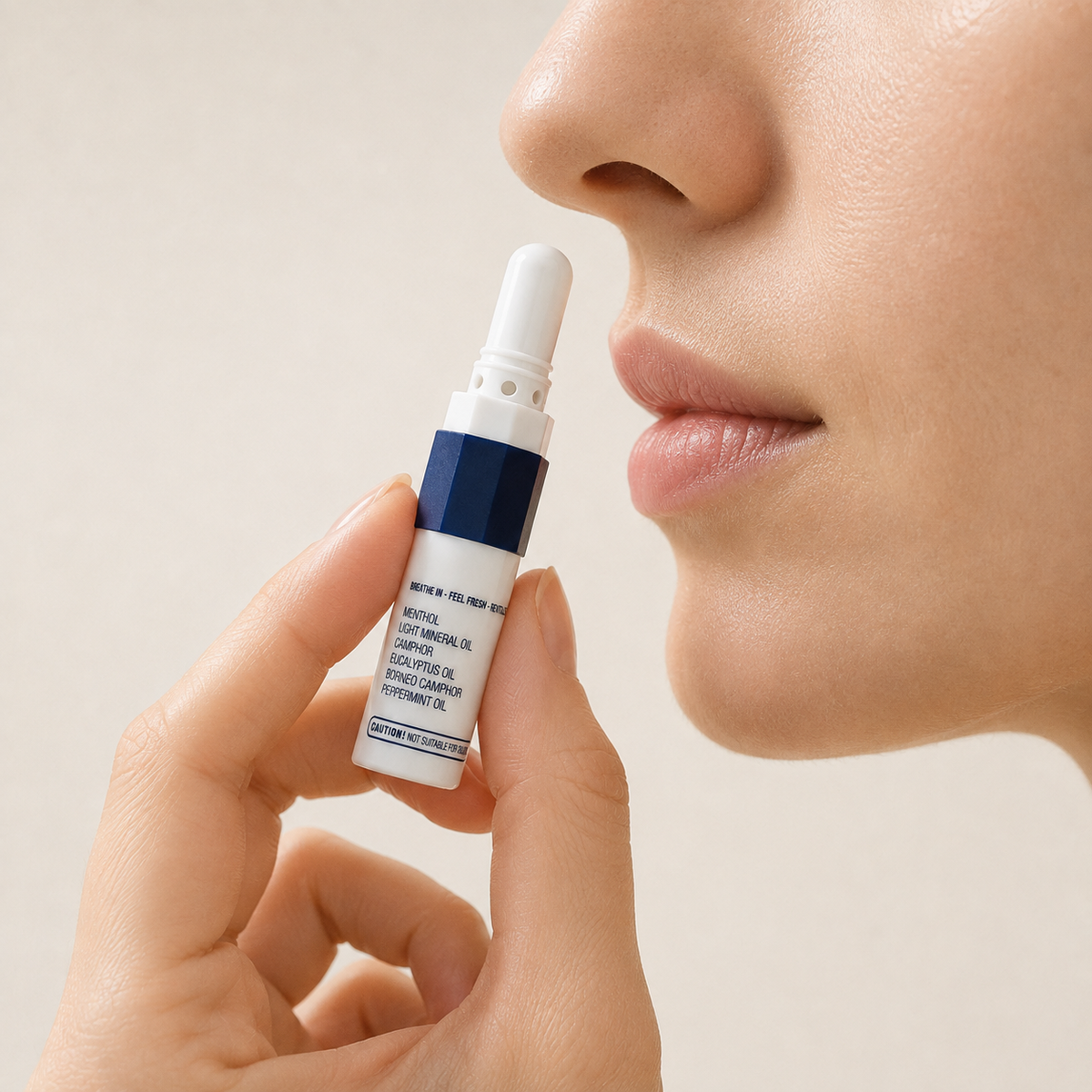 Frau hält den Lomdee Nosestick zum Einatmen an die Nase