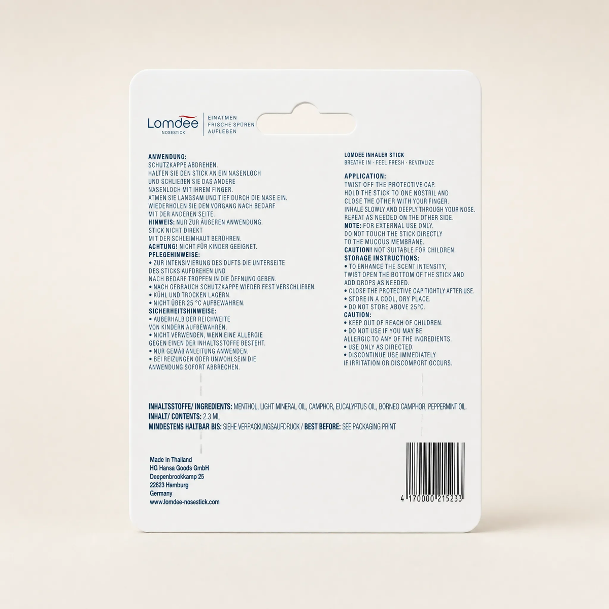 Rückseite der Lomdee-Verpackung mit Inhaltsstoffen und Anwendungshinweisen