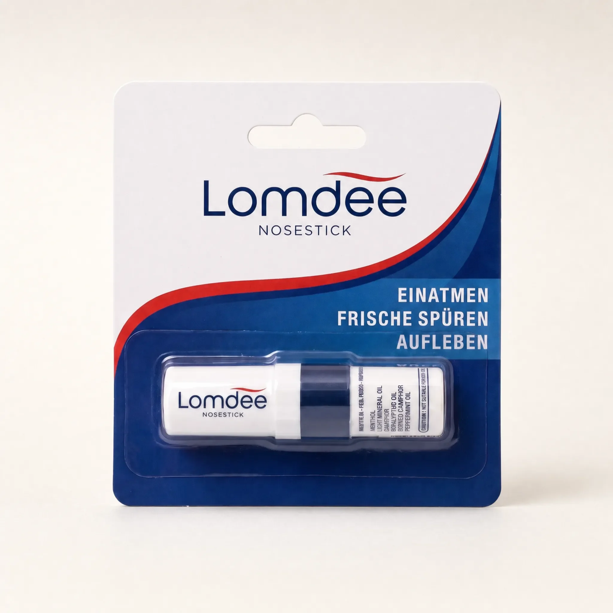 Verpackung des Lomdee Nosestick von vorne mit dem Schriftzug Einatmen, Frische spüren, Aufleben