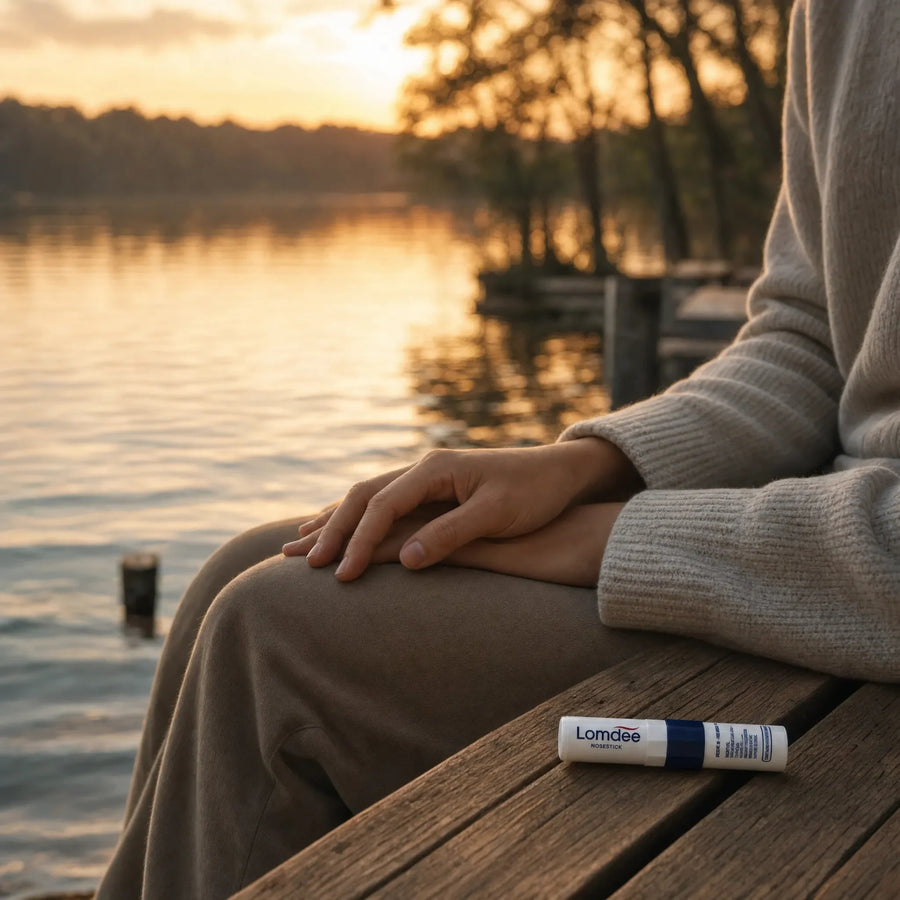 Frau sitzt abends auf einem Holzsteg am See, neben ihr liegt der Lomdee Nosestick